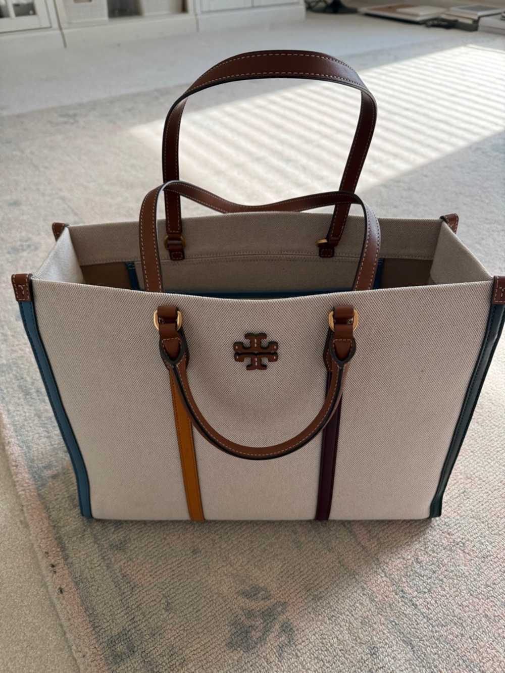 Tote Bag in Beige Canvas with Brown Trim and Multicolor Accents